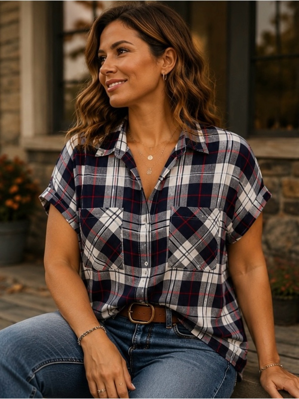 JACHS Girlfriend Navy, White & Red Boyfriend Plaid Button-Up Shirt Size XL